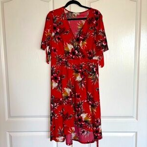 Misia red floral short sleeve faux wrap midi dress size 1X